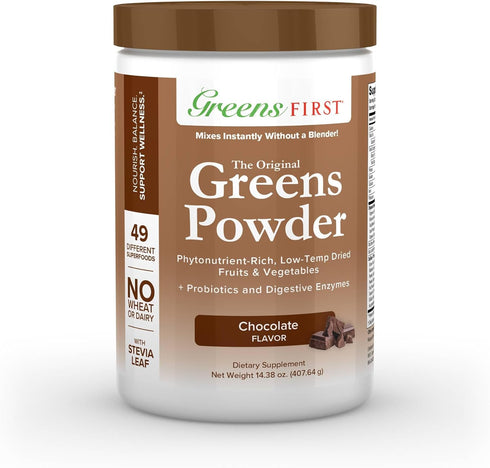 Greens First - Chocolate - 30 Servings Superfood Powder with 49 Superfoods, Antioxidant Smoothie Mix, Vegan