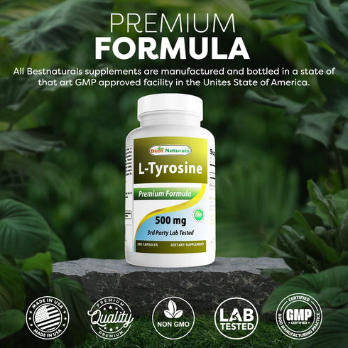 Best Naturals L-Tyrosine 500 Mg - 180 Capsules for Mental Alertness, Energy, Focus & Healthy Glandular Function