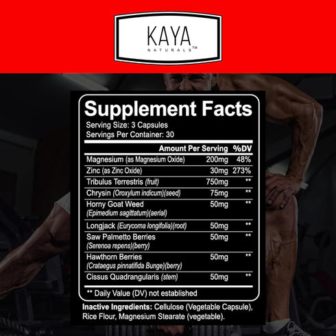 Kaya Naturals Ultra Testosterone - Men's Booster with Tongkat Ali, Horny Goat Weed, Tribulus - 90 Count