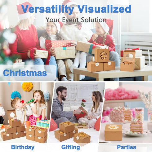 Shallive 4-Inch Small Cookie Boxes, 100 Pcs Brown Bakery Treat Boxes with Window for Gifting, To-go Containers