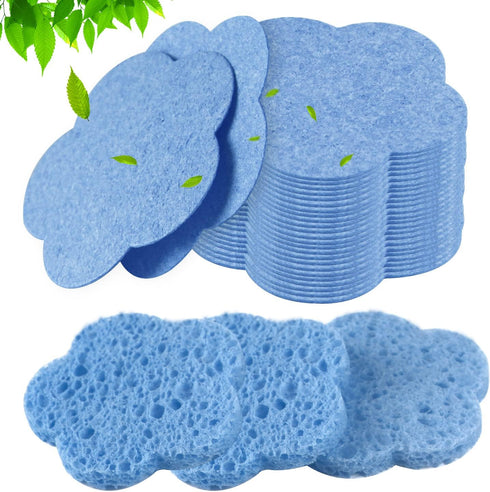 50-Count Facial Sponges Compressed Facial Sponges Natural Facial Cleansing Sponges Pads Cute Flower Shape Exfoliating Sponges for Cleansing Reusable,Best Makeup Gift, Blue