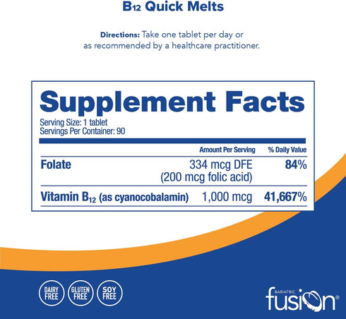 Bariatric Fusion Vitamin B12 Quick Melt | Grape Flavored Tablets | Dissolves On Your Tongue | Post Bariatric Surgery Patients | Gluten, Dairy & Soy Free | 90 Count