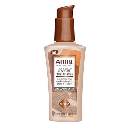 Ambi Even & Clear Facial Cleanser, 3.5 Ounce, Purifying Charcoal Black Soap with Sweet Potato Complex.