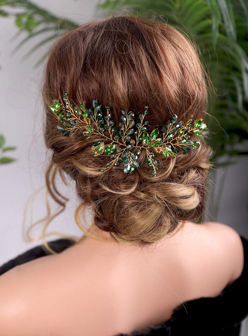 Kercisbeauty Bride Hair Accessories - Green Crystal Hair Vine, Gold Headband for Vintage Wedding