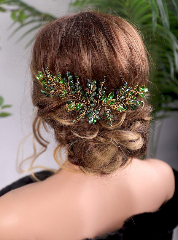 Kercisbeauty Bride Hair Accessories - Green Crystal Hair Vine, Gold Headband for Vintage Wedding