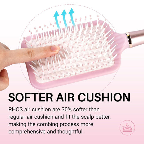 RHOS Paddle Brush for Women & Men, Detangler for Thick Curly Hair, Square Cushion Brush, 1 Pack - Pink