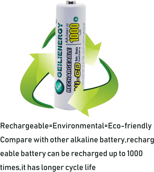 GEILIENERGY AA Ni-CD 1000mAh Rechargeable Batteries for Solar Lights - Pack of 12