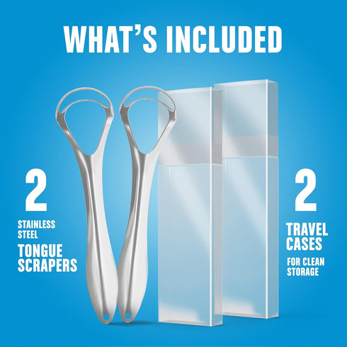 BASIC CONCEPTS Tongue Scraper for Adults (2 Pack), Stainless Steel Tongue Cleaners with Travel Cases, Fresh Breath