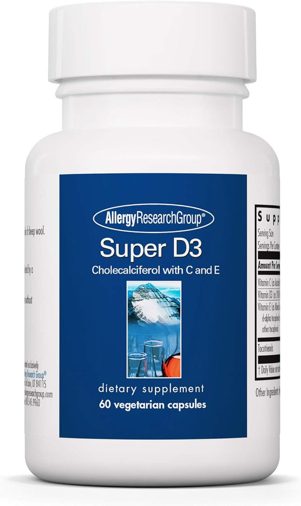 Allergy Research Group Super D3 Dietary Supplement - 60 Vegetarian Capsules for Bone & Immune Support with C & E,