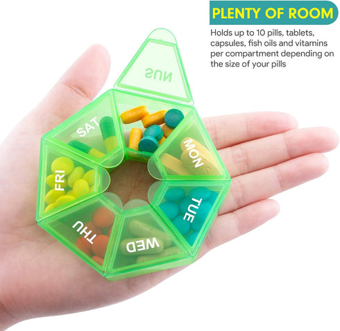 Weekly Pill Organizer - 2 Pack Portable Pill Box Medicine Case, 6 Colors for Vitamins, Fish Oil, Supplements