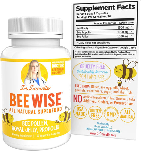 Dr. Danielle's Bee Wise - Bee Pollen Supplement with Royal Jelly, Propolis, 4 Daily Capsules