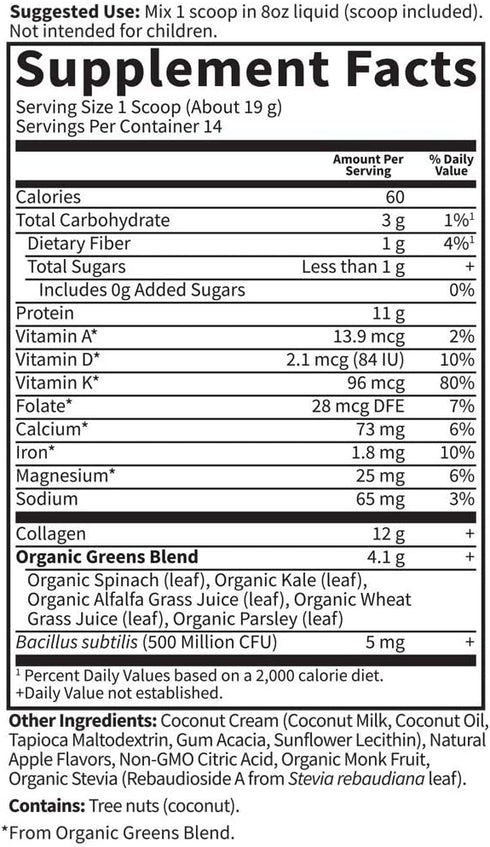 Garden of Life Grass Fed Collagen Greens Beauty Powder, Apple Flavor, 14 Servings for Skin, Hair, Nails, Joints
