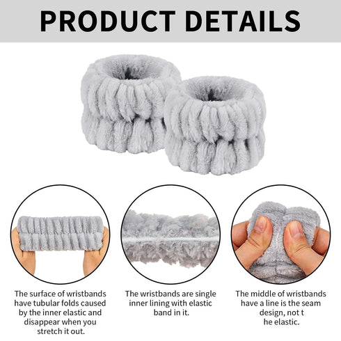 4Pcs Gray Spa Headband and Face Washing Wristbands Set, Makeup Headband, Hair Claw Clip for Washing Face