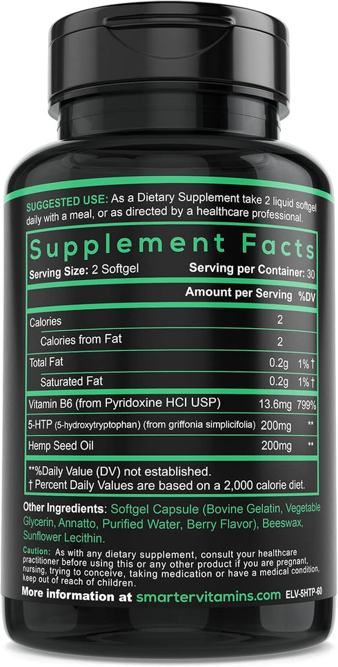 200mg 5-HTP + Vitamin B6 - Natural Stress Relaxation, Mood & Sleep Boost, Extended Time Release, 60 Softgels