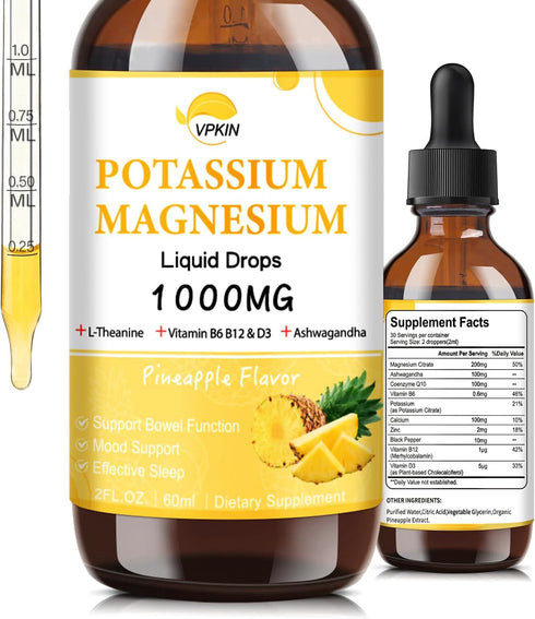 Potassium Magnesium Citrate Supplement, Magnesium Liquid Drops 1000mg with Glycinate for Calm & Immune Health