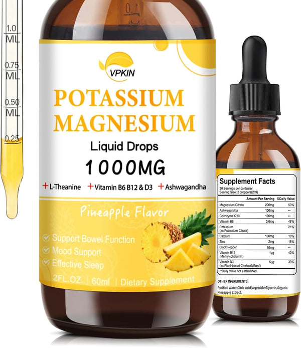 Potassium Magnesium Citrate Supplement, Magnesium Liquid Drops 1000mg with Glycinate for Calm & Immune Health
