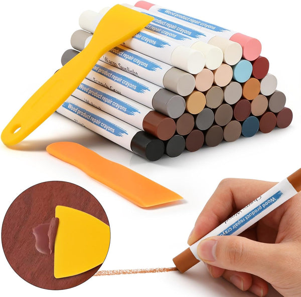 Ovrilossa Wood Filler Sticks, 30 Colors Wood Repair Wax Crayons with 2 Scrapers,