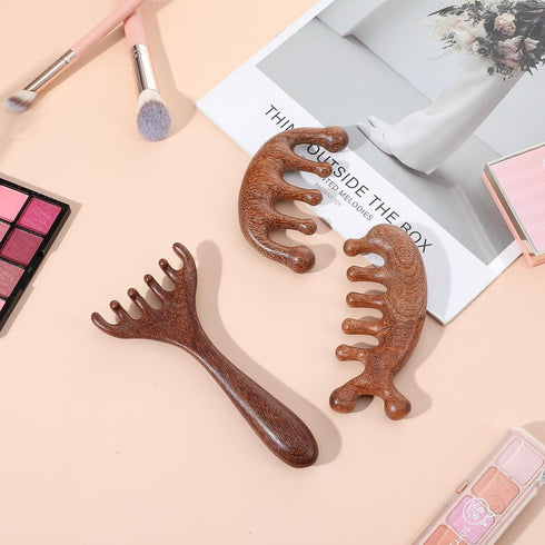 Trinkrittey 3 Pcs Wooden Head Scalp Massager Comb Hair Gua Sha Comb Wooden Hair Brush Head Massage Tool Hairs Scrubber