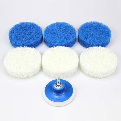7 Piece Drill Brush Attachment Set, Power Scrub Pad Cleaning Kit, Blue and White Scouring Pads