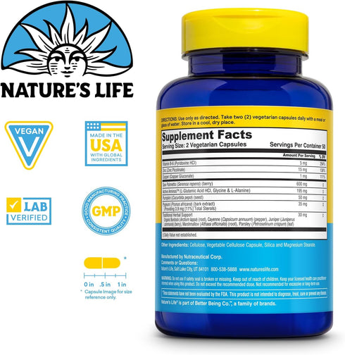 Nature's Life Prostate Maintain 600 Plus - Prostate Support Supplement for Men's Health - Saw Palmetto, Pygeum Herbal Complex and Zinc Supplements - 50 Servings, 100 Vegetarian Capsules