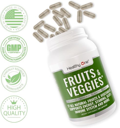 Healthy One Fruit and Veggies Supplement - 60 Veggie Fruit Capsules, 27 Superfood Vitamins for Immune Support