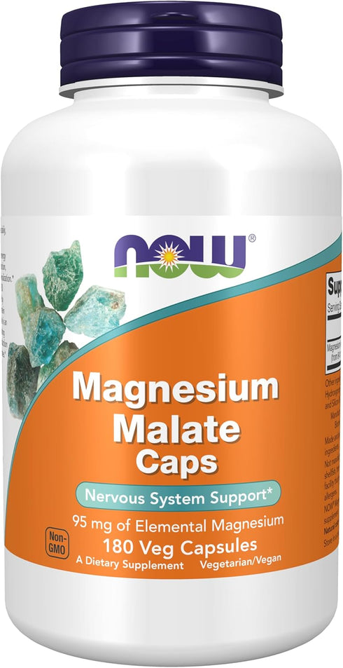 NOW Foods Magnesium Malate Caps - 95 mg Elemental Magnesium for Nervous System Support, 180 Veg Capsules