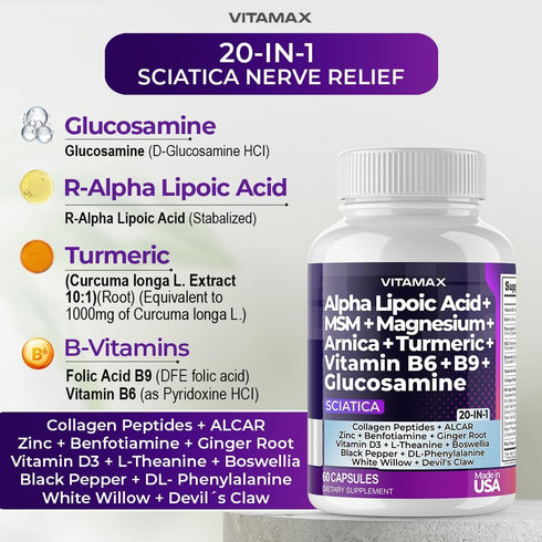 Sciatica Nerve Health Support Supplement Capsules with Folic Acid, Glucosamine, MSM & Vitamin B Complex (60 Count)