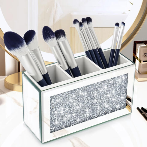 Mirrored Makeup Brush Holder Organizer, 3 Compartments Cosmetic Brush Storage Holders, Crushed Diamond Pen and Pencil