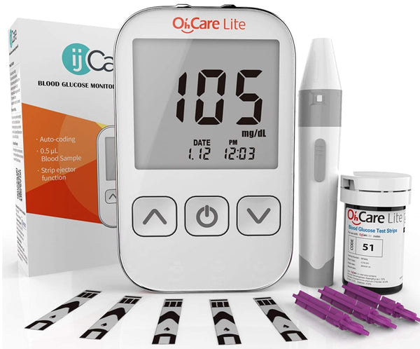 Oh’Care Lite Blood Sugar Test Kit – Glucometer with Strips, Lancets, Lancing Device, Log, and Case (50 Strips & 50