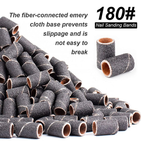 Rolybag Sanding Bands for Nail Drill,Drill Sanding Band with Storage Box,Include 100 fine Sand Bands and 2 Pieces Mandrel for Most Size 3/32" Nail Drill machine180#