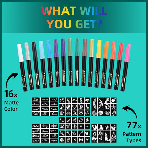 Temporary Tattoo Markers for Skin, 16-Count Body Markers + 77 Large Tattoo Stencils, Flexible Brush Tip, Skin-Safe