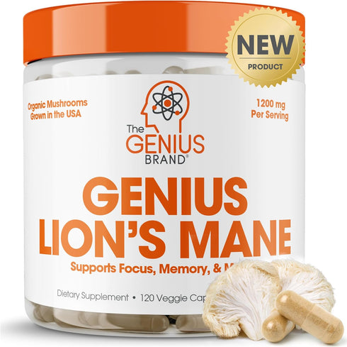 Genius Lions Mane Supplement Capsules, Organic Nootropic, 1200mg per Serving, 120 Veggie Pills