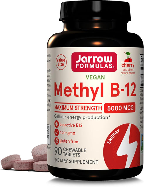 Jarrow Formulas Maximum Strength Methyl B-12 5000 mcg - Dietary Supplement - 90 Cherry Flavored Chewable Tablets