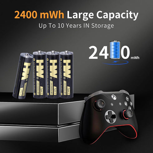 HW 4 Pack Type-C USB Rechargeable Lithium Ion AA Battery, Long Lasting and Constant Output 1.5V, 1.5H Fast Charge, Over 1000 Cycles Double a Batteries
