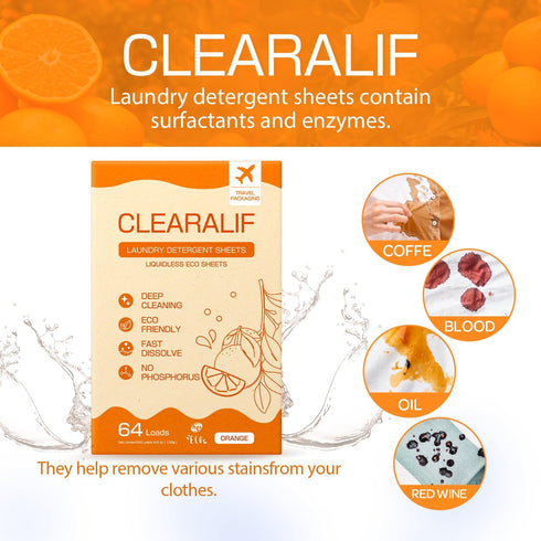 CLEARALIF Laundry Detergent Sheets, Eco Friendly & Hypoallergenic, Orange, 64 Load, CLEARALIF Strips