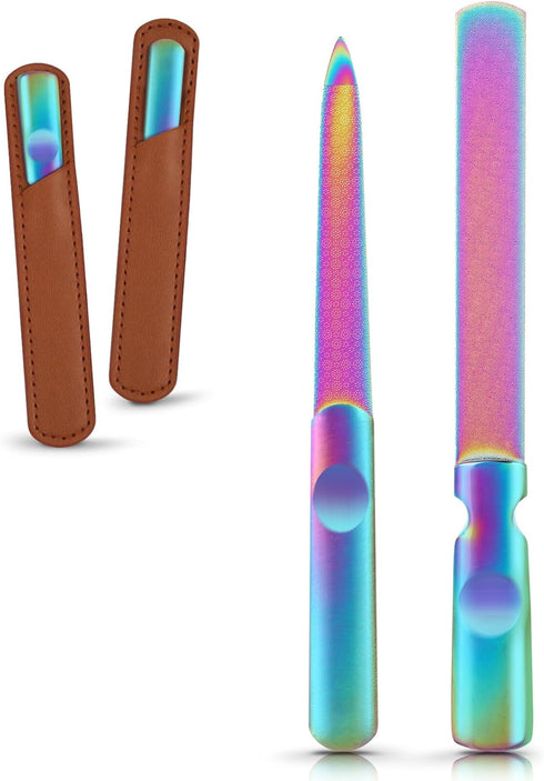 TEHAUX 2pcs Metal Nail Files, Stainless Steel Fingernail Files Nail Files for Natural Nails Nail Buffer Files Nail File Kit Toenail File with Storage Case for Salon Home (Rainbow Color)