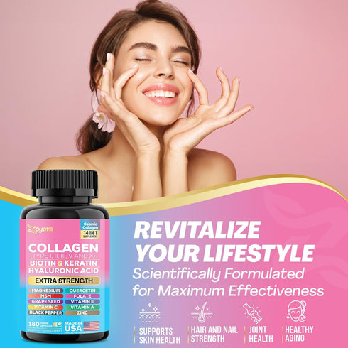 Zoyava Collagen Pills with Peptides Types I, II, III, V & X, Biotin, Keratin, Hyaluronic Acid, MSM, Vitamins A, C, E,