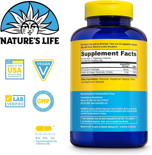 Zinc Picolinate 30mg Plus 2mg of Copper, Nature's Life, Chelated Zinc Supplement, 250 Servings