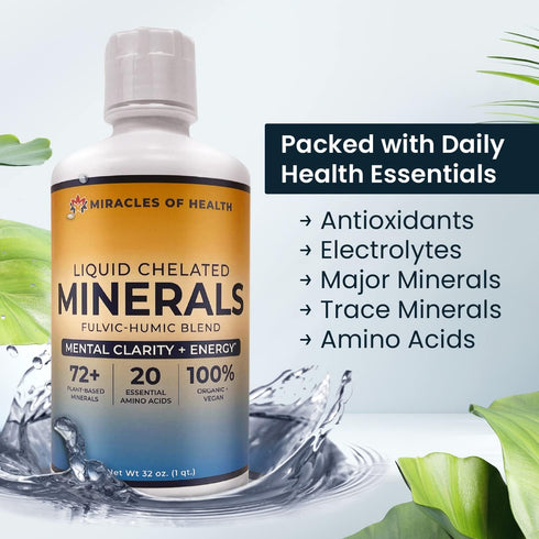 Liquid Chelated Minerals - 72+ Organic Major & Trace Minerals, 20 Essential Amino Acids, Humic Fulvic Blend - Fast