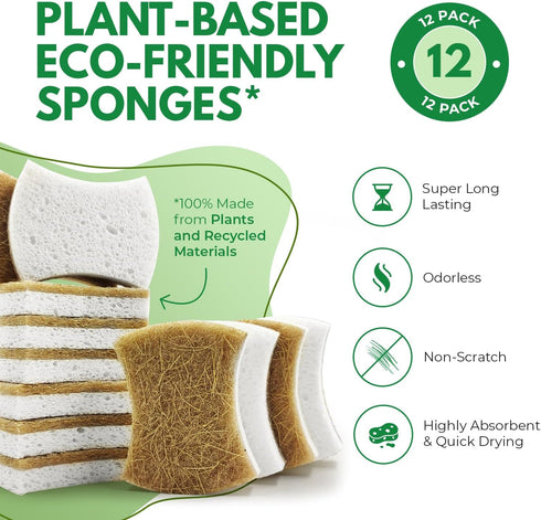 Biodegradable Natural Kitchen Sponge - Compostable Cellulose and Coconut Walnut Scrubber Sponge - Pack of 12 Eco Friendly Sponges for Dishes - Handy Shape by AIRNEX
