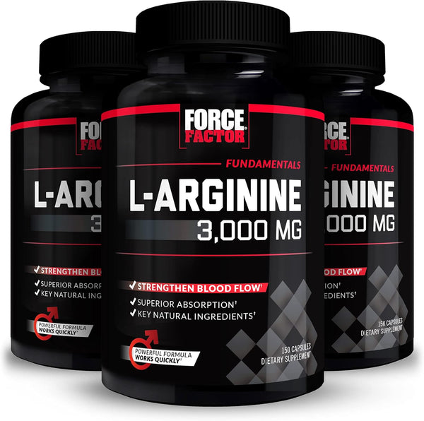 Force Factor L-Arginine 3-Pack - Nitric Oxide Supplement with BioPerine for Muscle, Blood Flow, Circulation