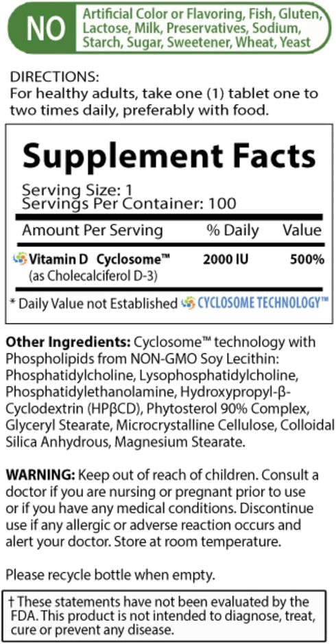 NATURE'S ESSENTIALS Vitamin D3 2000IU, Immune Support, Non-GMO, Gluten Free, Vegetarian, 100 Tablets