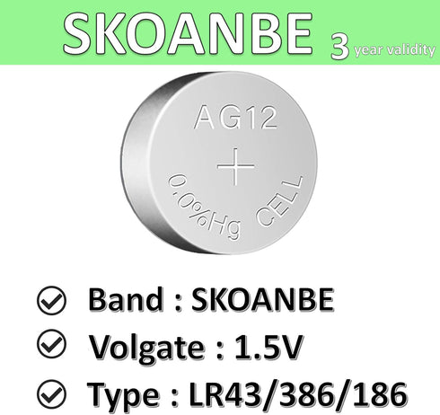 SKOANBE 10 Pack LR43 386 AG12 301 186 1.5V Button Cell Batteries