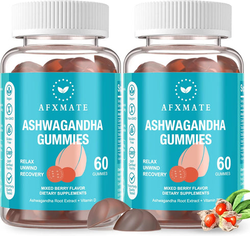 AFXMATE Ashwagandha Gummies & Vitamin D for Men & Women, 120 Count, Non-GMO, Sugar Free, Gluten Free