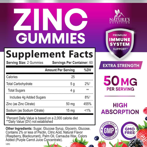 Zinc Gummies for Adults 50 mg - High Absorption Immune Health Support Gummy & Antioxidant Chewable Supplement, Zinc Vitamin for Men and Women, Vegan and Gluten Free, Mixed Berry Flavor - 120 Count