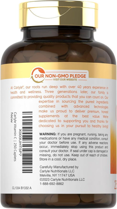Carlyle Vitamin C, 1000mg with Bioflavonoids, 250 Caplets, with Rose HIPS, Vegetarian, Non-GMO, Gluten Free