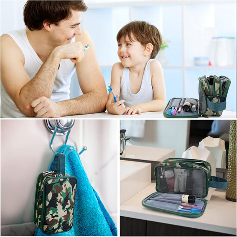 Kids Toiletry Bag for Boys - Waterproof Hanging Wash Bag, Travel Toiletries for Little Young Boys, Dinosaur Camo