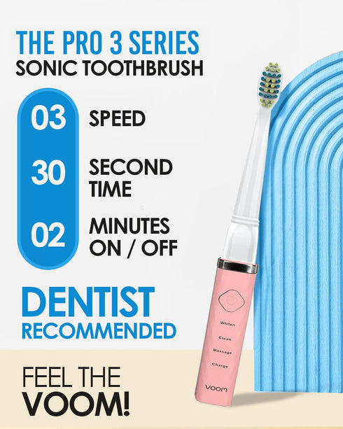 Voom Sonic Pro 3 Rechargeable Electric Toothbrush, Soft Dupont Nylon Bristle, Dentist Recommended, Pink