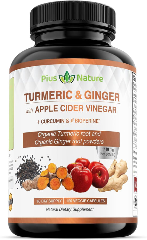 120 Capsules USDA Organic Turmeric Root Powder, Ginger Powder, Apple Cider Vinegar Powder with Curcumin, 1410 mg