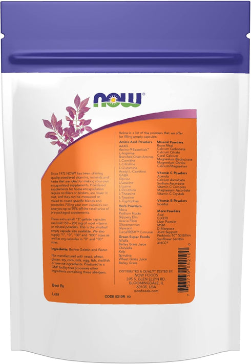 NOW Supplements, Empty Gelatin Capsules, #3, Bovine Sourced, Extra Small Size, Filled by Weight, 1,000 Gel Capsules